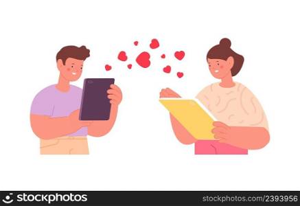 Children in love. Cute teens using tablet and smartphone. Digital friendship. Social media contacts, kids friends in internet vector characters. Illustration of love child, children in smartphone. Children in love. Cute teens using tablet and smartphone. Digital friendship. Social media contacts, kids friends in internet vector characters