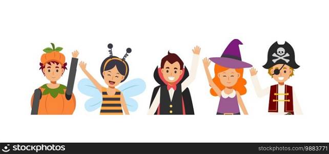 Children in variety Halloween costume are happy and enjoy. smile and wave. Pumpkin,bee,Dracula v&ire,with,Pirate.