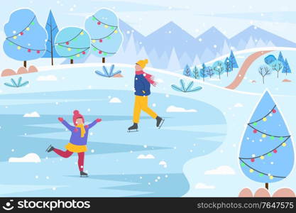 Children in winter park. Boy and girl skating on ice rink. Happy child on weekends or vacation. Forest with trees decorated with garlands and light bulbs. Hills and mountains. Vector in flat. Children on Ice Rink Skating Boy and Girl Winter