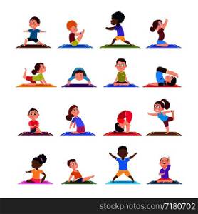 Children in yoga poses. Cartoon fitness kids in yoga asana. Vector characters isolated set. Illustration of fitness sport yoga pose for child. Children in yoga poses. Cartoon fitness kids in yoga asana. Vector characters isolated set