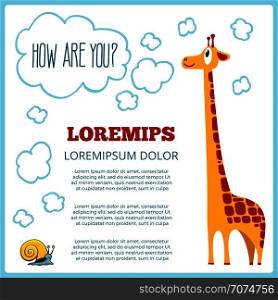 Children info poster with cartoon giraffe snail and how are you lettering sign. Vector illustration. Children poster with cartoon giraffe