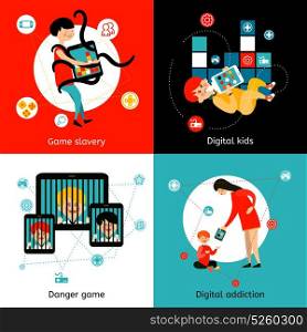 Children Internet Addiction 4 Flat Icons. Children and youth internet games addiction danger 4 flat icons square poster mails abstract isolated vector illustration
