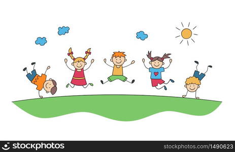 Children jump together. Funny jumping kids. Happy childhood. Doodle hand drawn vector illustration. Children jump together. Funny jumping kids. Happy childhood. Doodle vector illustration