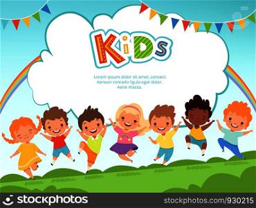 Children jumping background. Happy kids playing male and female on playground vector template with place for your text. Happy girl and boy, play fun jumping, friendship and childhood illustration. Children jumping background. Happy kids playing male and female on playground vector template with place for your text