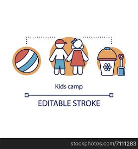 Children, kid camp concept icon. Summer club, community idea thin line illustration. Child holiday resort. Educational after school facility. Vector isolated outline drawing. Editable stroke . Children, kid camp concept icon. Summer club, community idea thin line illustration. Child holiday resort. Educational after school facility. Vector isolated outline drawing. Editable stroke