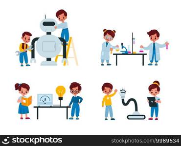 Children laboratory. Young scientists conduct research, kids in special lab coats assembling robot, work with chemicals, experiments with reagents. Science and education for pupils vector isolated set. Children laboratory. Young scientists conduct research, kids in special lab coats assembling robot, work with chemicals, experiments with reagents. Science and education vector isolated set