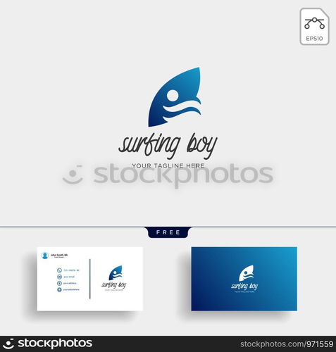 children learn surfing, boy surfer logo template, icon element isolated with business card. children learn surfing, boy surfer logo template with business card