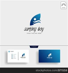 children learn surfing, boy surfer logo template, icon element isolated with business card. children learn surfing, boy surfer logo template with business card