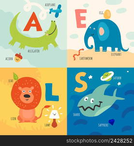 Children learning alphabet 4 icons concept with alligator elephant lion sharks first letter pictures isolated vector illustration. Children Alphabet Concept