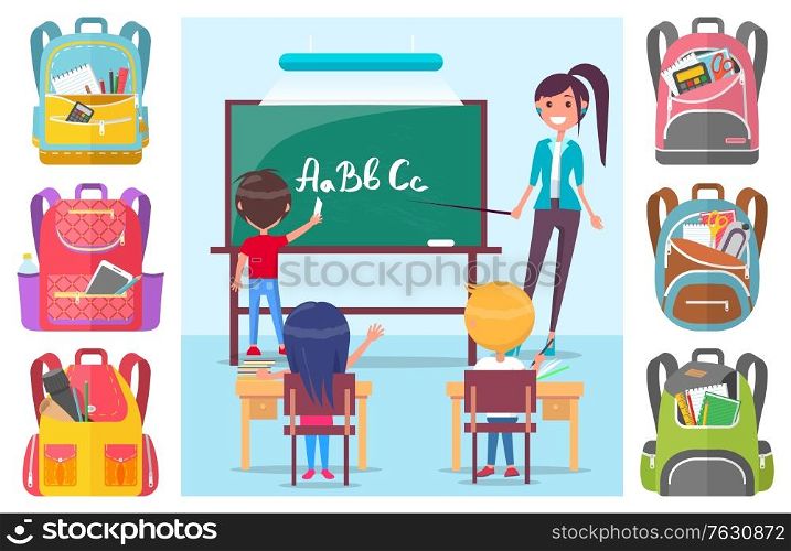 Children learning alphabet at school lesson with teacher. Boy standing near blackboard with chalk and writing letters vector. Teacher asking question to class. Back to school concept. Flat cartoon. Children learning letters at school lesson with teacher
