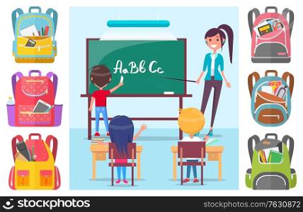 Children learning alphabet at school lesson with teacher. Boy standing near blackboard with chalk and writing letters vector. Teacher asking question to class. Back to school concept. Flat cartoon. Children learning letters at school lesson with teacher