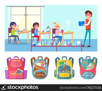 Children learns chemistry at school lesson vector illustration. Set of backpacks Pupils trying to do experiments with test tube with liquid under teachers control. Back to school concept. Flat cartoon. Pupils at School Lesson, Teacher Chemistry Flasks