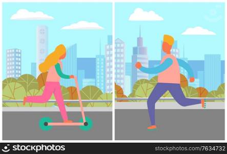 Children leisure outdoor, girl and boy balancing on scooter and rollerblading in city. Urban activity near buildings and trees, child on wheels. Vector illustration in flat cartoon style. Kids Leisure on Street, Urban Activity Vector