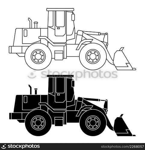 Children linear drawing for coloring book. Heavy Construction equipment loader, bulldozer in linear. Industrial machinery and equipment. Isolated vector on white