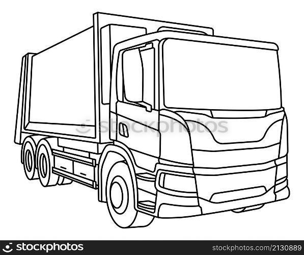 Children linear drawing for coloring book. Heavy construction equipment truck, garbage truck in linear. Industrial machinery and equipment. Isolated vector on white