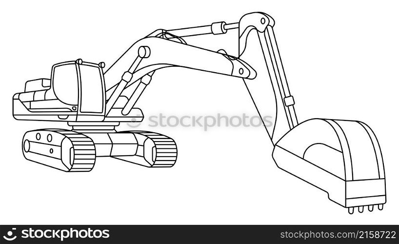 Children linear drawing for coloring book. Heavy excavator machine for construction and earthworks in linear. Industrial machinery and equipment. Isolated vector on white