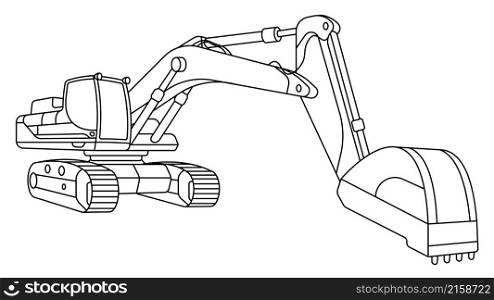 Children linear drawing for coloring book. Heavy excavator machine for construction and earthworks in linear. Industrial machinery and equipment. Isolated vector on white