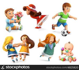 Children. Little girls and boys. Set of vector icons