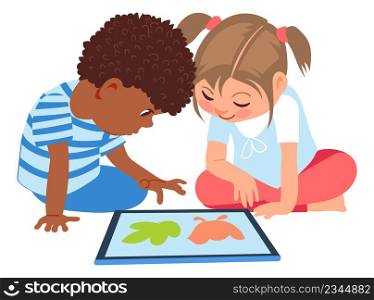 Children looking on tablet screen. Cartoon kids with modern devices isolated on white background. Children looking on tablet screen. Cartoon kids with modern devices