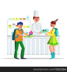 Children Lunch In School Canteen Cafeteria Vector. Happy Smiling Teenagers Students Or Pupils With Dish And Cooker In Canteen Dining Hall. Food Snack Characters Flat Cartoon Illustration. Children Lunch In School Canteen Cafeteria Vector