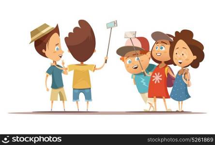 Children Making Selfie Cartoon Style Illustration. Happy children in summer clothing doing self portrait with help monopod cartoon style vector illustration