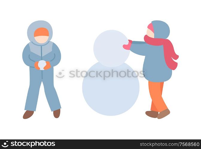 Children making together snowman. Child in winter-suit holding snow ball near friend in jacket with scarf and mittens, vector image isolated on white. Children Making Snowman in Warm Clothes Vector