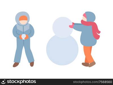 Children making together snowman. Child in winter-suit holding snow ball near friend in jacket with scarf and mittens, vector image isolated on white. Children Making Snowman in Warm Clothes Vector