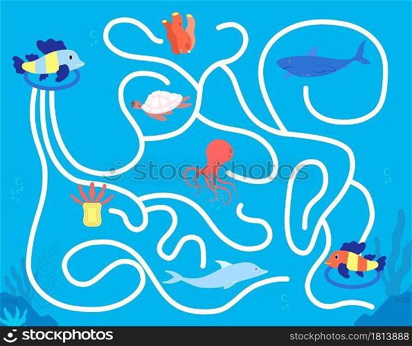 Children maze game. Kindergarten leisure, fun colorful animal labyrinth. Kids find solution play, sea life puzzle map vector illustration. Preschool game, kindergarten play with animal underwater. Children maze game. Kindergarten leisure, fun colorful animal labyrinth. Kids find solution play, sea life puzzle map vector illustration