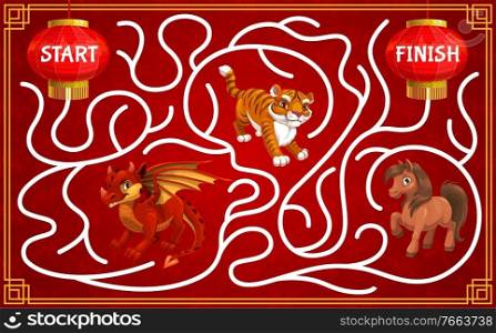 Children maze, kids New Year game with Chinese zodiac animals. Find way child game, labyrinth maze or holiday playing activity with oriental paper lanterns, dragon, tiger and horse cartoon vector. Children maze with Chinese zodiac animals vector