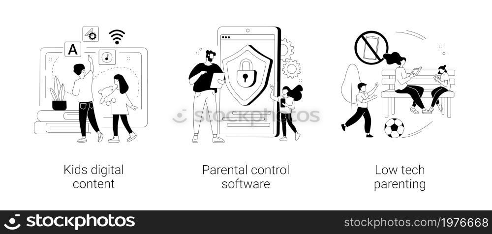 Children media access abstract concept vector illustration set. Kids digital content, parental control software, low tech parenting, screen time, gadget-free parenting, online apps abstract metaphor.. Children media access abstract concept vector illustrations.