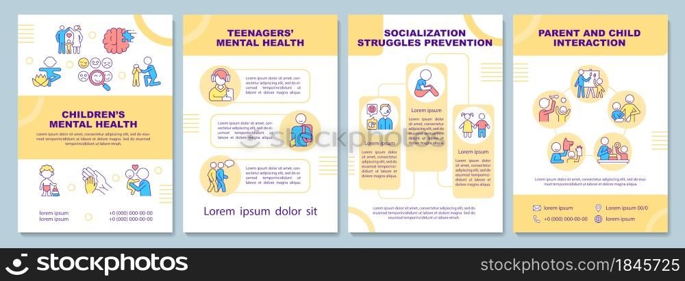Children mental health brochure template. Child socialization. Flyer, booklet, leaflet print, cover design with linear icons. Vector layouts for presentation, annual reports, advertisement pages. Children mental health brochure template