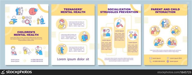Children mental health brochure template. Child socialization. Flyer, booklet, leaflet print, cover design with linear icons. Vector layouts for presentation, annual reports, advertisement pages. Children mental health brochure template