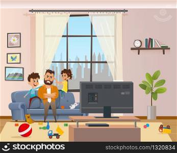 Children Messing Around Tired Annoyed Angry Father. Stress Man Character with Clenched Teeth Sitting on Sofa infront of TV. Naughty Kids Playing and Making Mess at Home. Cartoon Vector Illustration. Children Messing Around Tired Annoyed Angry Father