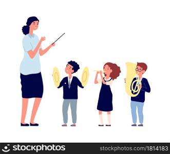 Children musicians. Kids orchestra, music lesson. Teacher conductor or kapellmeister of boy girl with musical instruments vector illustration. Music school orchestra, musical hobby. Children musicians. Kids orchestra, music lesson. Teacher conductor or kapellmeister of boy girl with musical instruments vector illustration