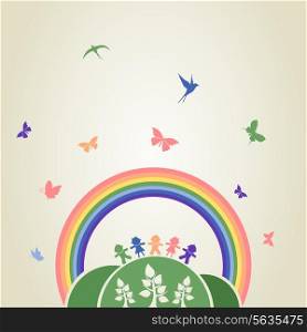 Children on a hill under a rainbow. A vector illustration
