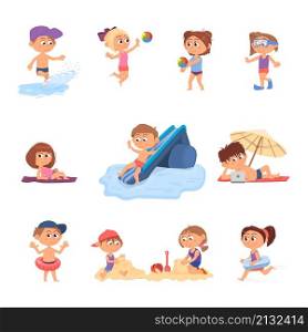 Children on beach. Kids resort, child swim in water. Isolated girl boys sunbathing, playing and relax. Summer vacation sea activities, decent vector characters on white. Children on beach. Kids resort, child swim in water. Isolated girl boys sunbathing, playing and relax. Summer vacation sea activities, decent vector characters