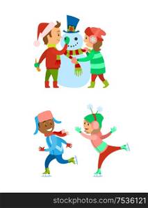 Children on Christmas holidays, winter vacations vector. Kids building snowman adding carrot nose to character. Boy and fun girl skating on ice rink. Children on Christmas Holidays, Winter Vacations