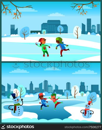 Children on Christmas winter vacations snowy city vector. Frost on lake, frozen water skating rink for boy and girl. Snowman characters placed on snow. Children on Christmas Winter Vacations Snowy City