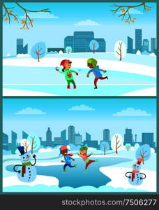 Children on Christmas winter vacations snowy city vector. Frost on lake, frozen water skating rink for boy and girl. Snowman characters placed on snow. Children on Christmas Winter Vacations Snowy City