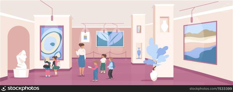 Children on excursion flat color vector illustration. Art gallery exhibition. Public community center. School kids with guide 2D cartoon characters with museum interior on background. Children on excursion flat color vector illustration