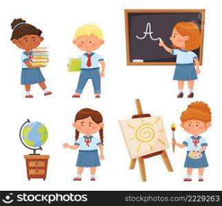 Children on first day of school. Pupils learning, girl writing on blackboard with chalk. Young characters painting on easel, studying geography with globe, holding books vector illustration. Children on first day of school. Pupils learning, girl writing on blackboard with chalk. Young characters painting on easel