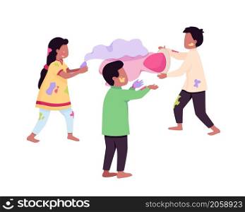 Children on Holi festival semi flat color vector characters. Dynamic figures. Full body people on white. Celebration isolated modern cartoon style illustration for graphic design and animation. Children on Holi festival semi flat color vector characters