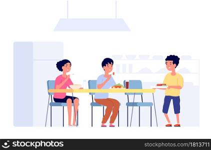 Children on lunch. School kids eating, cafeteria room table. Flat students in canteen meeting new friend, dining time vector illustration. Children dinner in canteen school breakfast eating. Children on lunch. School kids eating, cafeteria room table. Flat students in canteen meeting new friend, dining time vector illustration