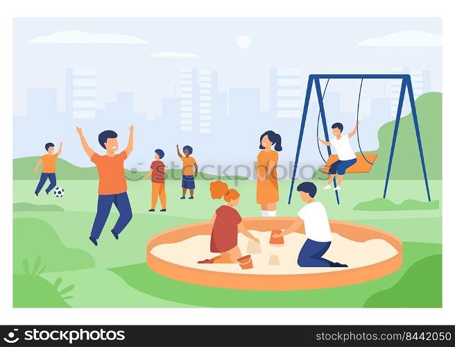 Children on playground concept. Happy kids swinging, kicking soccer ball, playing in sandbox. Boys and girls enjoying leisure time outdoors. Can be used for for outdoor activities, childhood topics