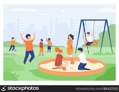 Children on playground concept. Happy kids swinging, kicking soccer ball, playing in sandbox. Boys and girls enjoying leisure time outdoors. Can be used for for outdoor activities, childhood topics