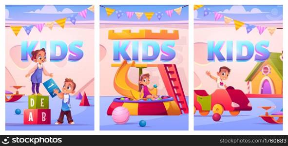 Children on playground in kindergarten. Vector posters with cartoon kids in montessori preschool with slide, house and swing. Boys and girls plays with cubes, balls and toy car. Posters with kids on playground in kindergarten