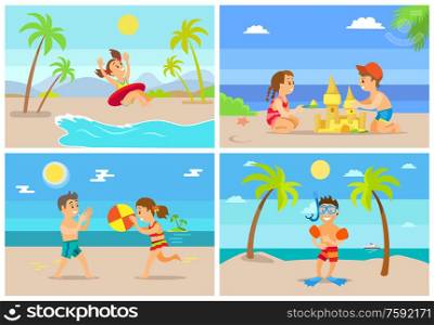 Children on summer vacation vector, girl in lifebuoy, boy wearing special diving equipment for snorkeling. Brother and sister playing ball building castle. Beach Vacation, Children Playing by Seaside Set