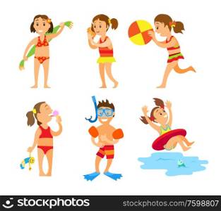 Children on summer vacation vector, isolated kids boys and girls wearing swimming suits and playing games. Volleyball and snorkelling, kiddo with towel. Girls and Boys on Vacation Swimming Kids in Summer
