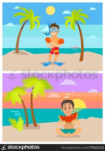 Children on summer vacation vector, kid eating lush watermelon sitting on sand. Boy wearing equipment for snorkeling and scuba diving activity summertime. Diver on Vacations, Children at Beach in Summer