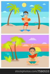 Children on summer vacation vector, kid eating lush watermelon sitting on sand. Boy wearing equipment for snorkeling and scuba diving activity summertime. Diver on Vacations, Children at Beach in Summer
